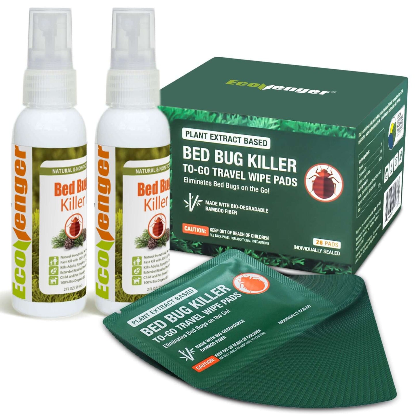 Ecovenger Bed Bug Spray 2 oz x 2 & To-Go Wipes 28pcs 100% Efficacy