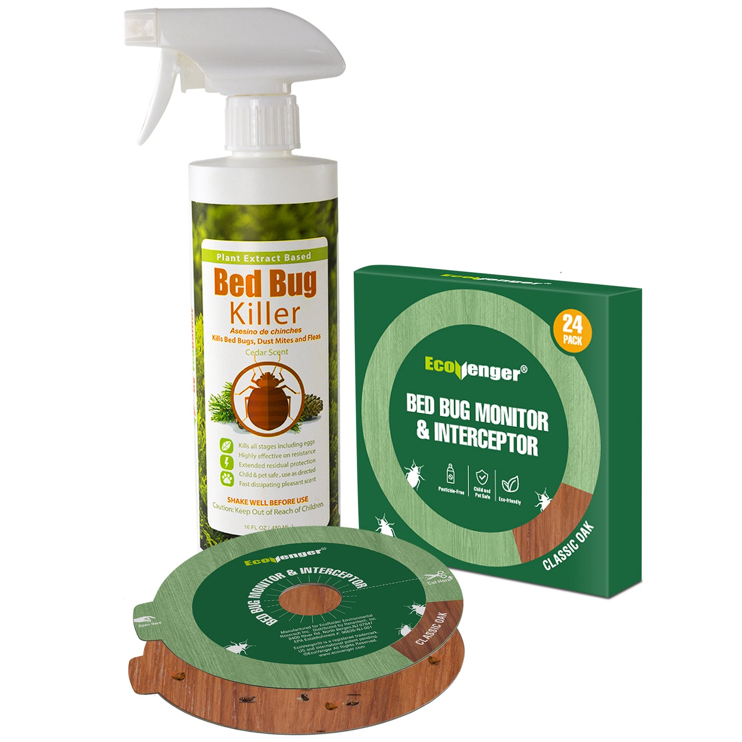 Bed Bug Killer Spray 16OZ & Bed Bug Monitors/Interceptors 24 CT Bundle Kit