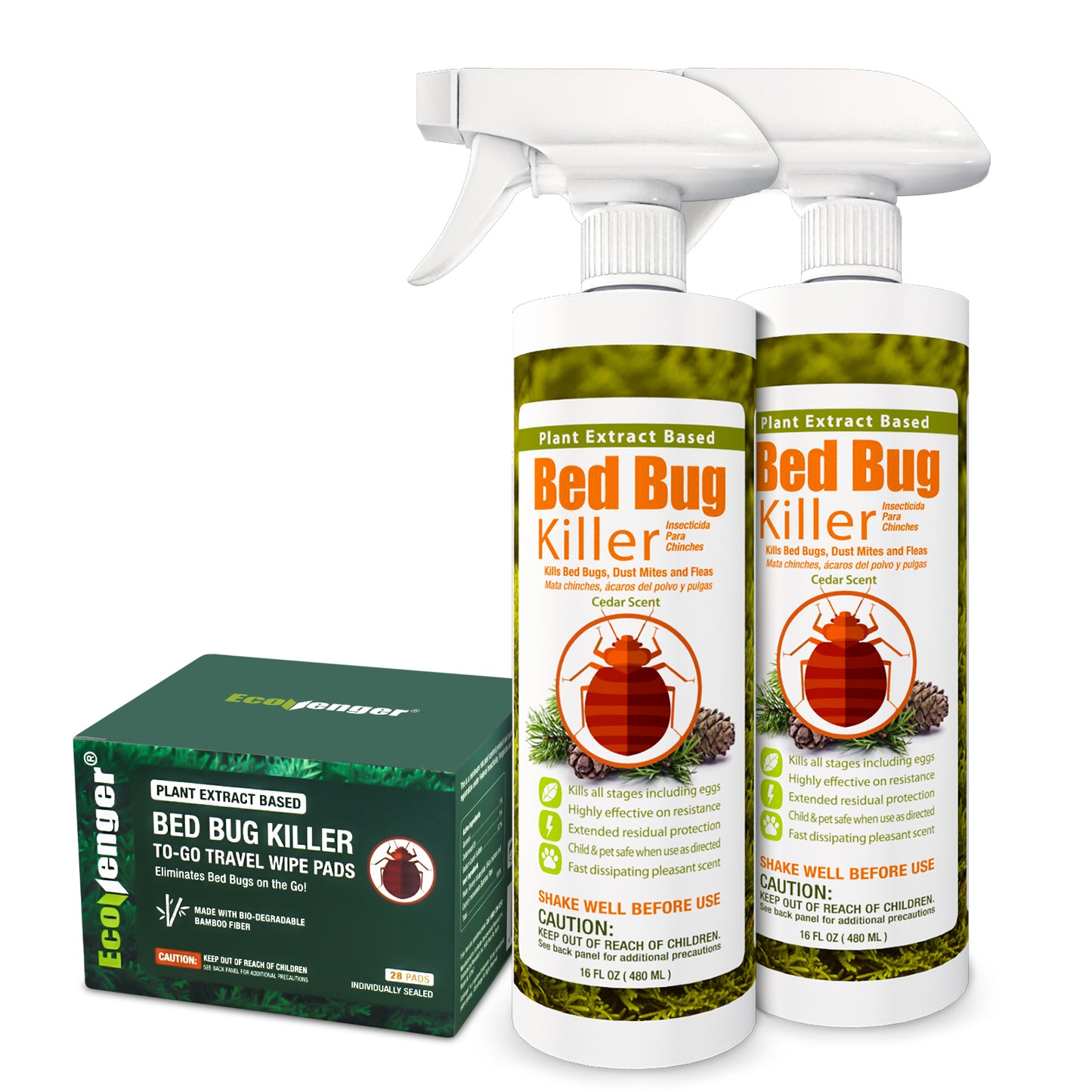 EcoVenger Bed Bug Killer 16oz X2 and Bed Bug To-Go Wipe 28pcs Pack