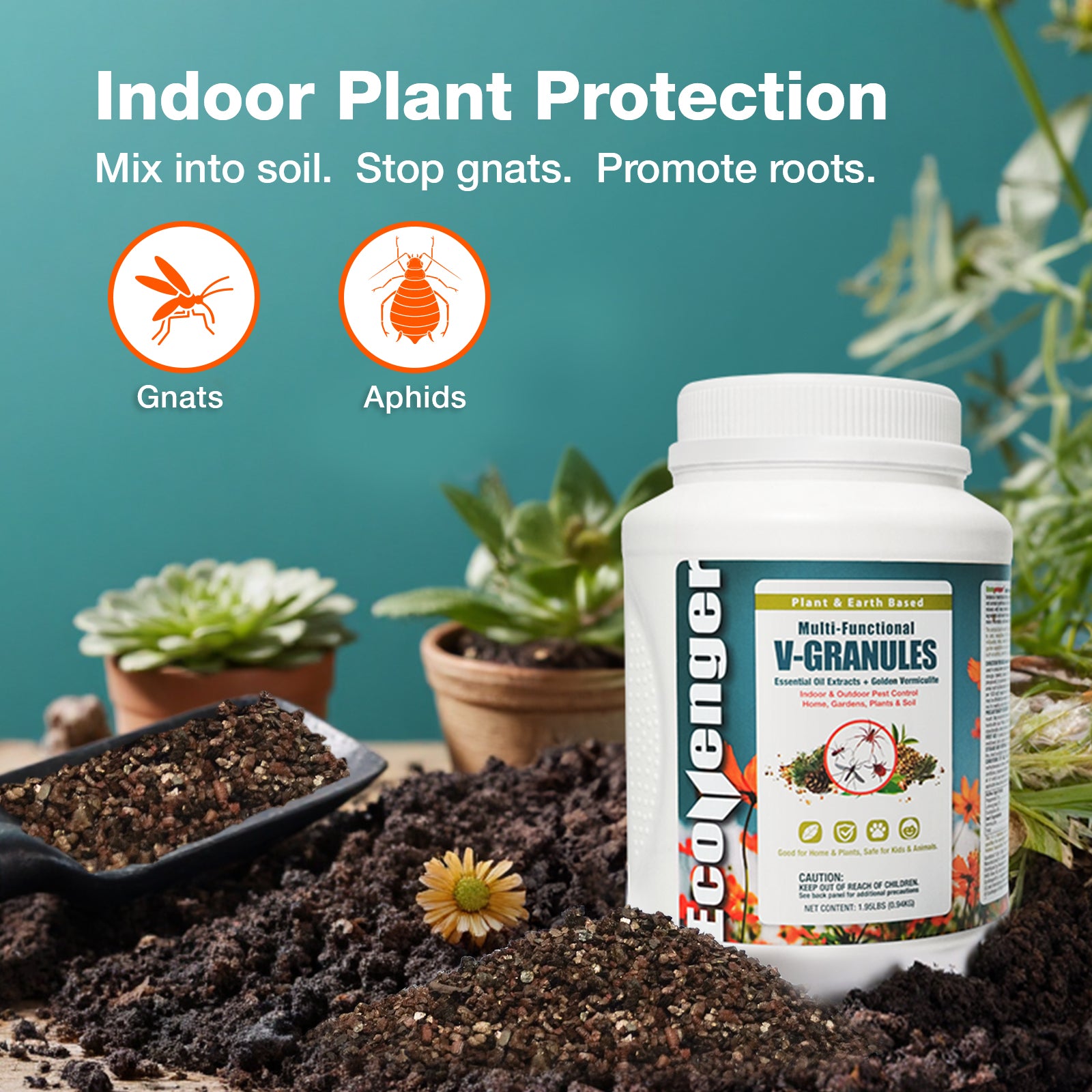 pesticide for indoor plants soil EcoVenger Multi-Purpose V-Granules 2LBS Bag, Horticulture or Household Use for Indoor & Outdoor Protection Against Insects and Rodents, Improves Soil